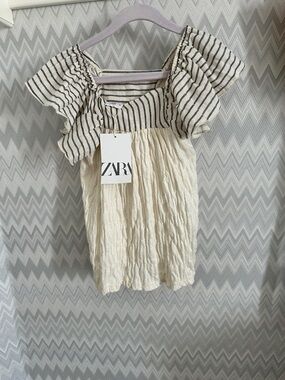Zara Cream Dress with Black Striped Ruffle Yoke